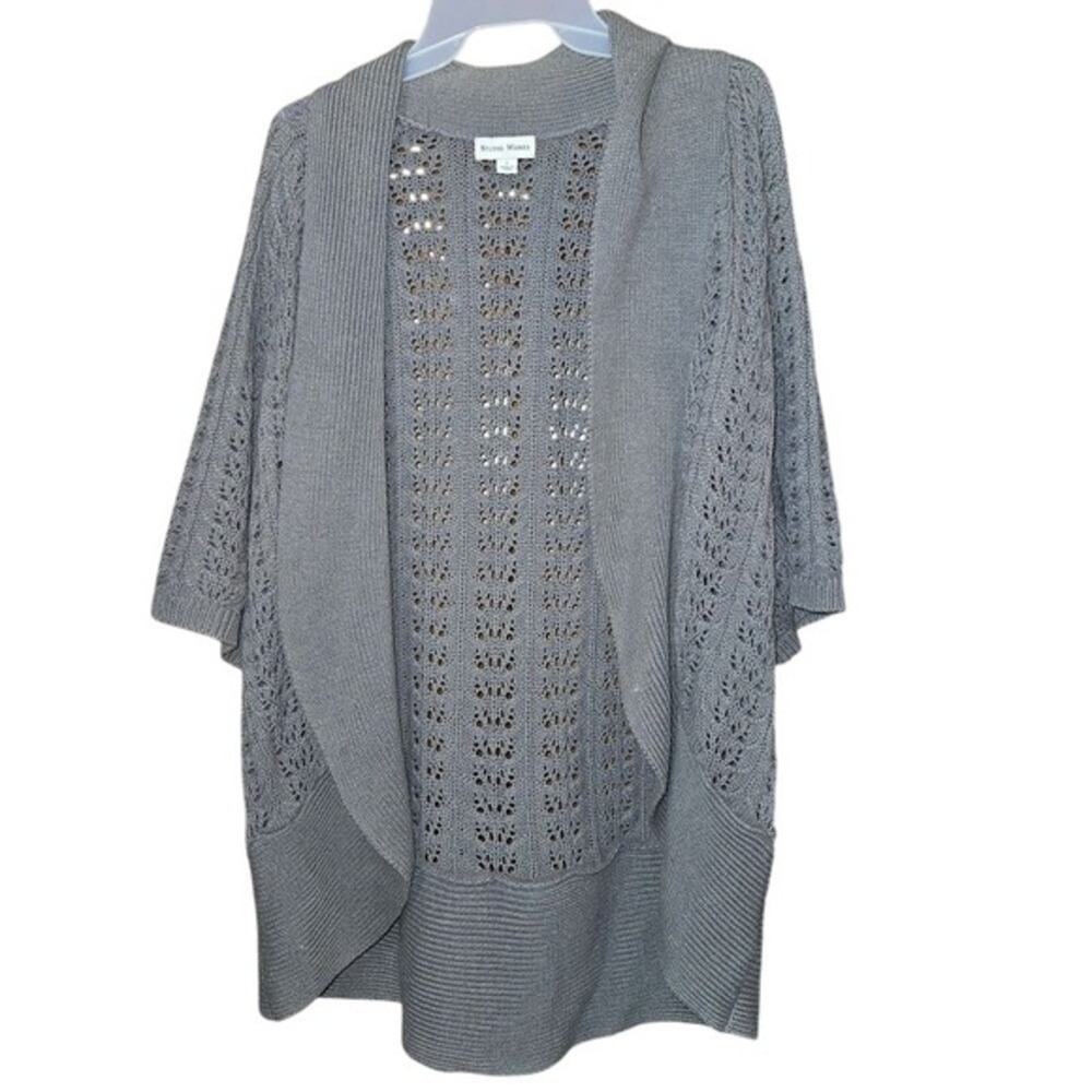Studio Works Gray  Knit Cardigan Sweater Women's Size Large Open Front Short Slv